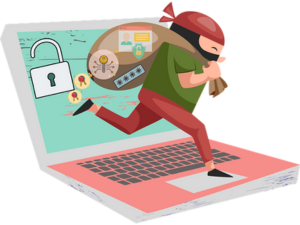 cartoon picture of a laptop open with a burgular 