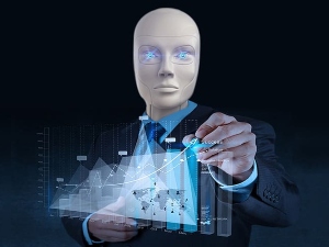 AI robot looking at graph